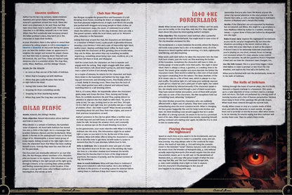A two-page RPG book spread filled with text, featuring a large, glowing red eye surrounded by dark leaves at the bottom right
