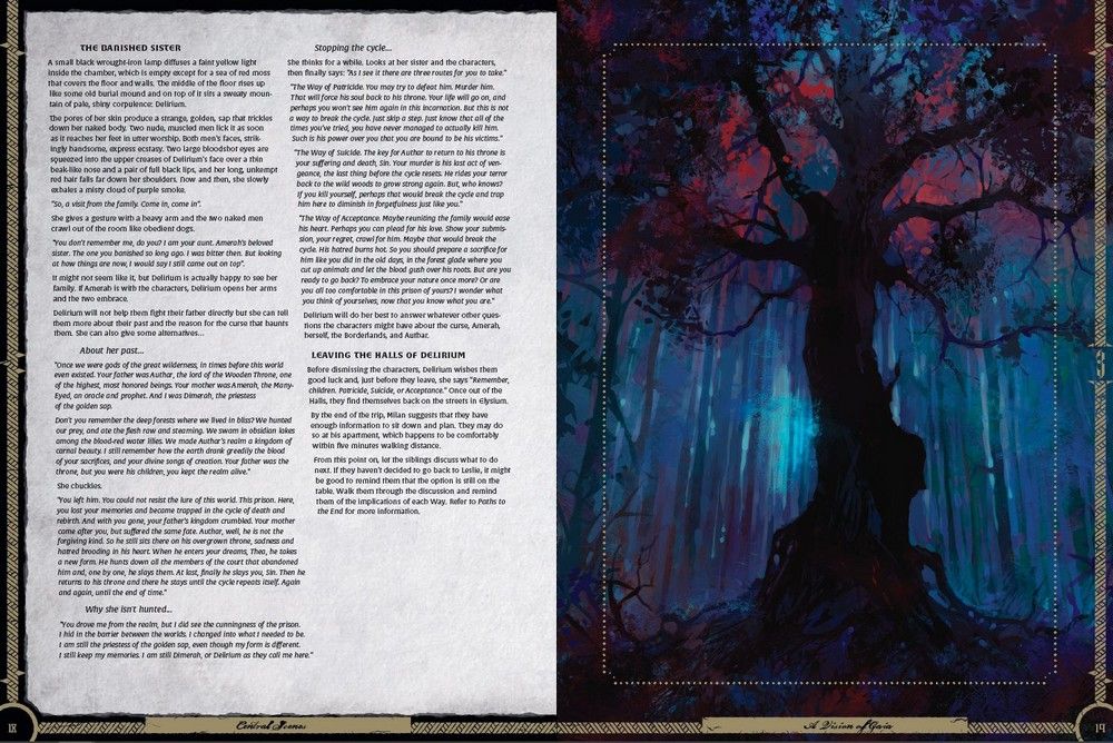 A gnarled, dark tree with a glowing trunk in a mystical blue and purple forest, part of a book spread