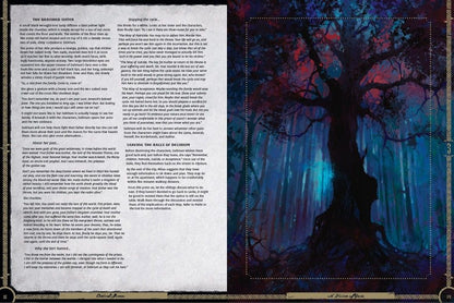 A gnarled, dark tree with a glowing trunk in a mystical blue and purple forest, part of a book spread