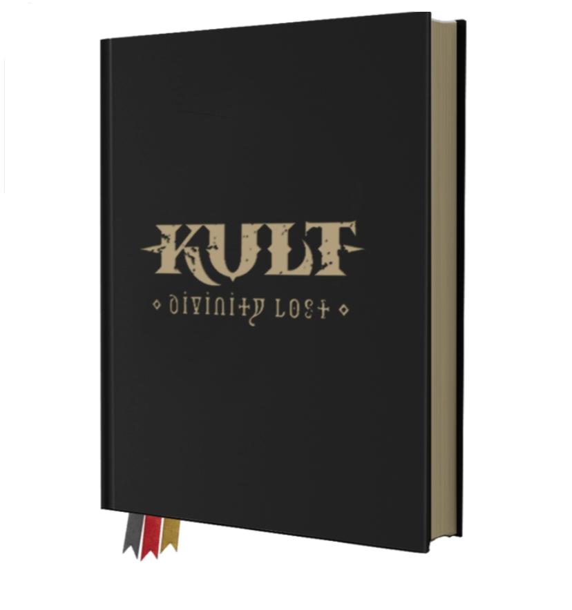 Black hardcover book with stylized gold text 'KULT: divinity LOST'. Three black, red, and gold ribbon bookmarks