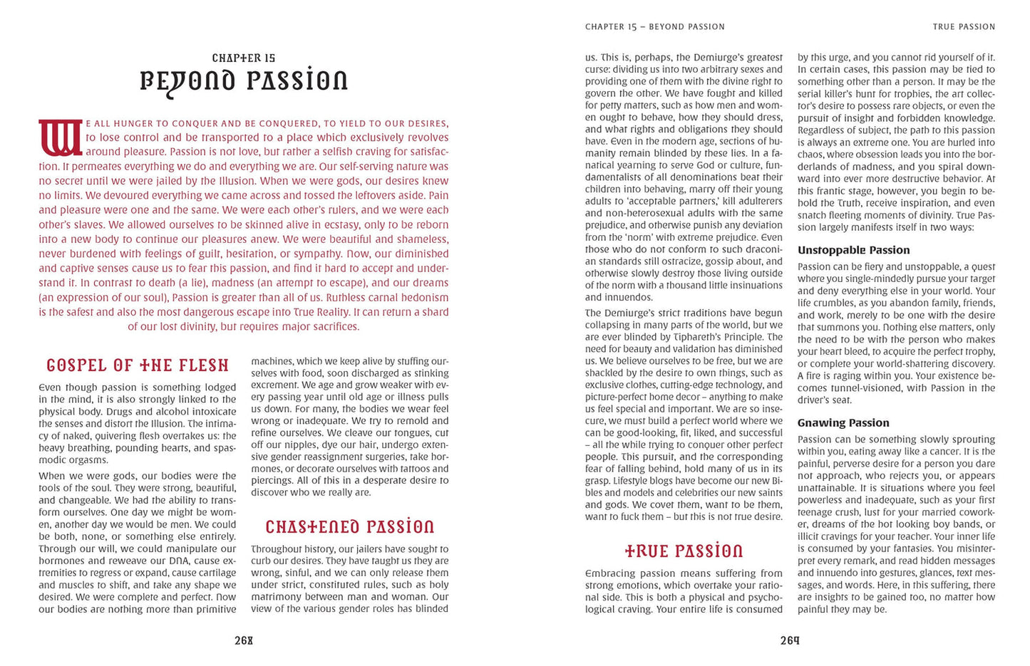 A book page from chapter 15, "Beyond Passion," featuring multi-column text, a large initial "W," and subheadings