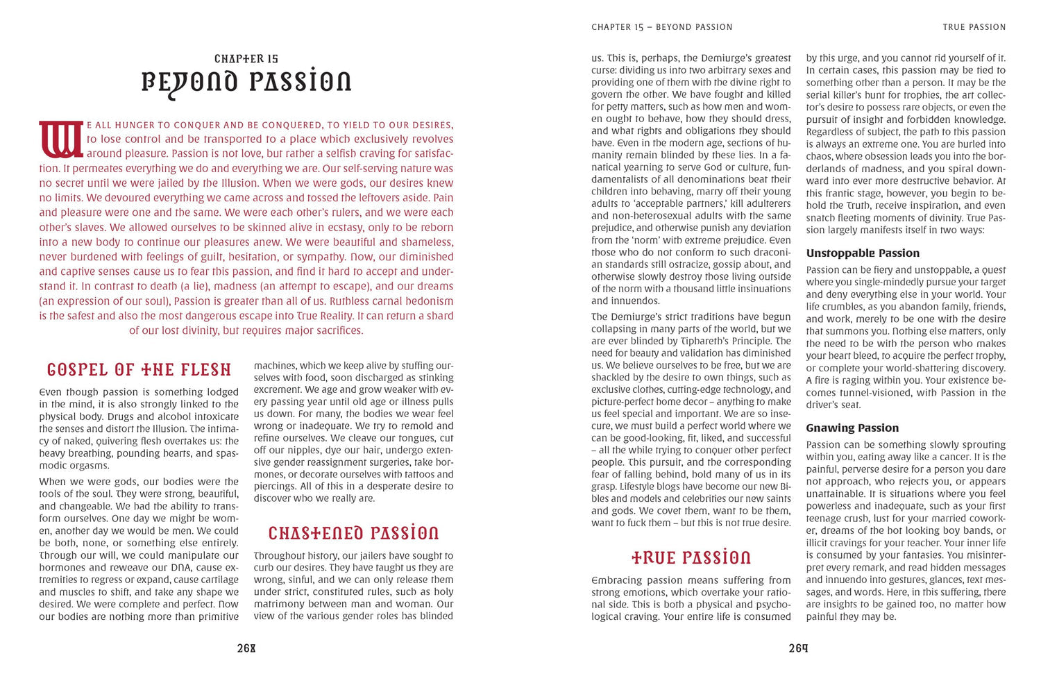 A book page from chapter 15, "Beyond Passion," featuring multi-column text, a large initial "W," and subheadings
