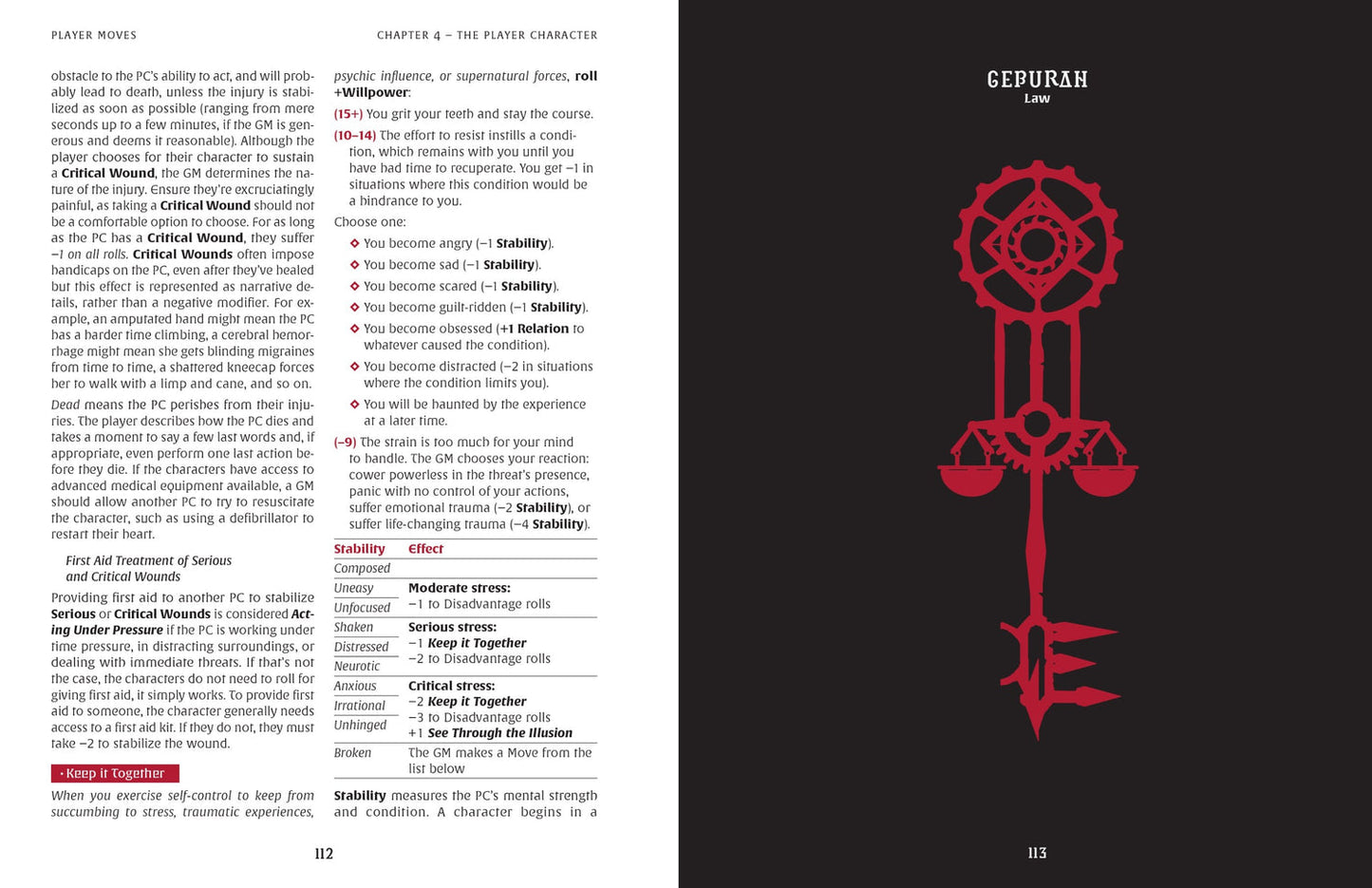 Intricate red key, gears, and scales symbol, labeled "GEBURAH Law" on black