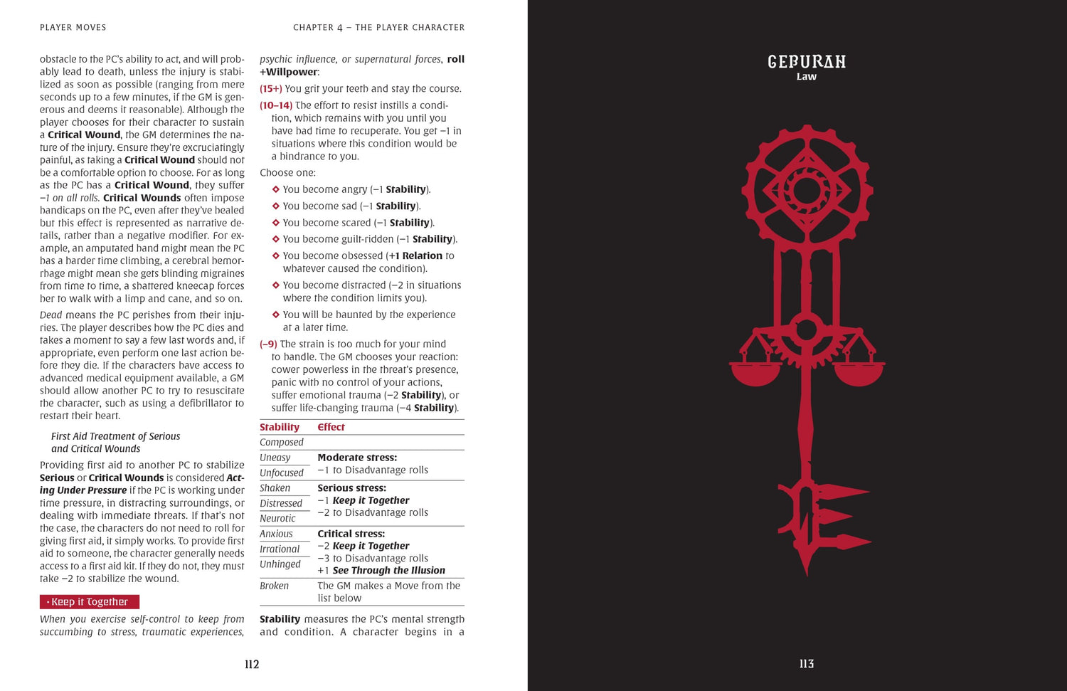 Intricate red key, gears, and scales symbol, labeled "GEBURAH Law" on black