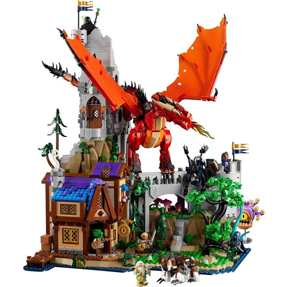 Large LEGO fantasy build showing a red dragon perched on a castle tower above a detailed medieval village scene