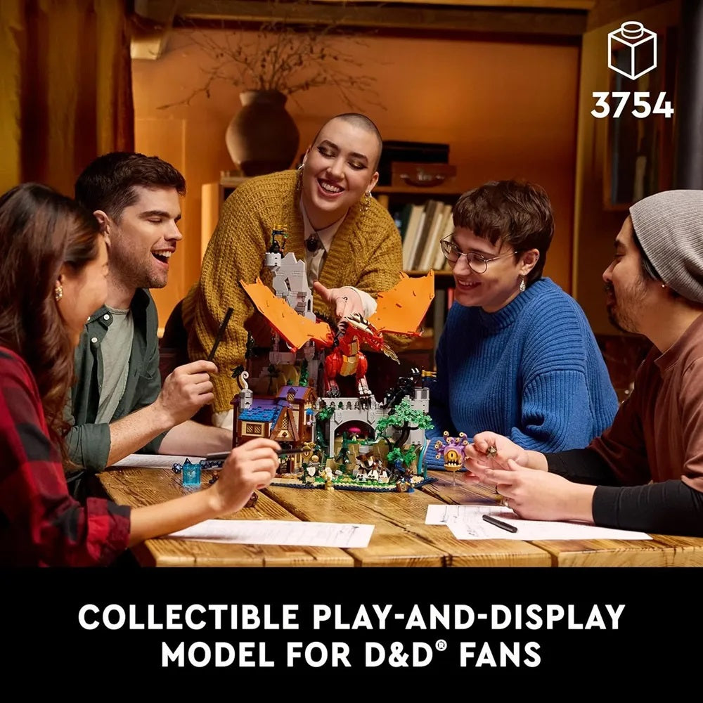 Friends gather around a table, happily interacting with a detailed LEGO fantasy castle and dragon build