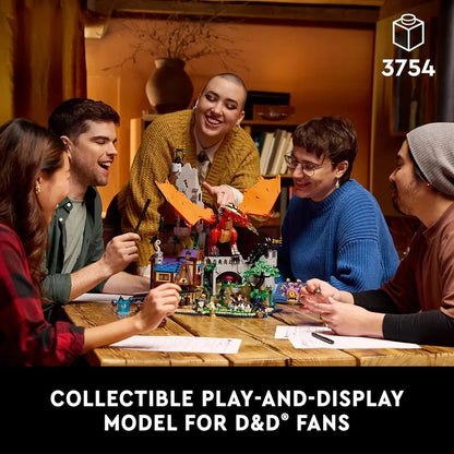 Friends gather around a table, happily interacting with a detailed LEGO fantasy castle and dragon build