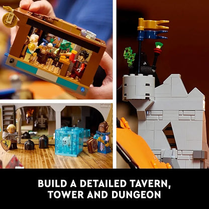 Detailed LEGO fantasy set showcasing a tavern interior with minifigures, a gray castle tower, and a dungeon scene