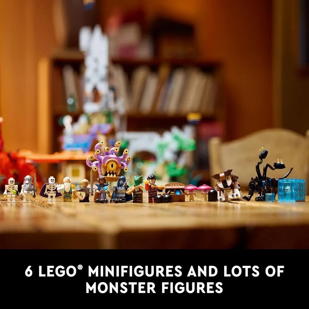 LEGO D&D minifigures and monsters, including a Beholder, heroes, skeletons, and a Displacer Beast, on a table
