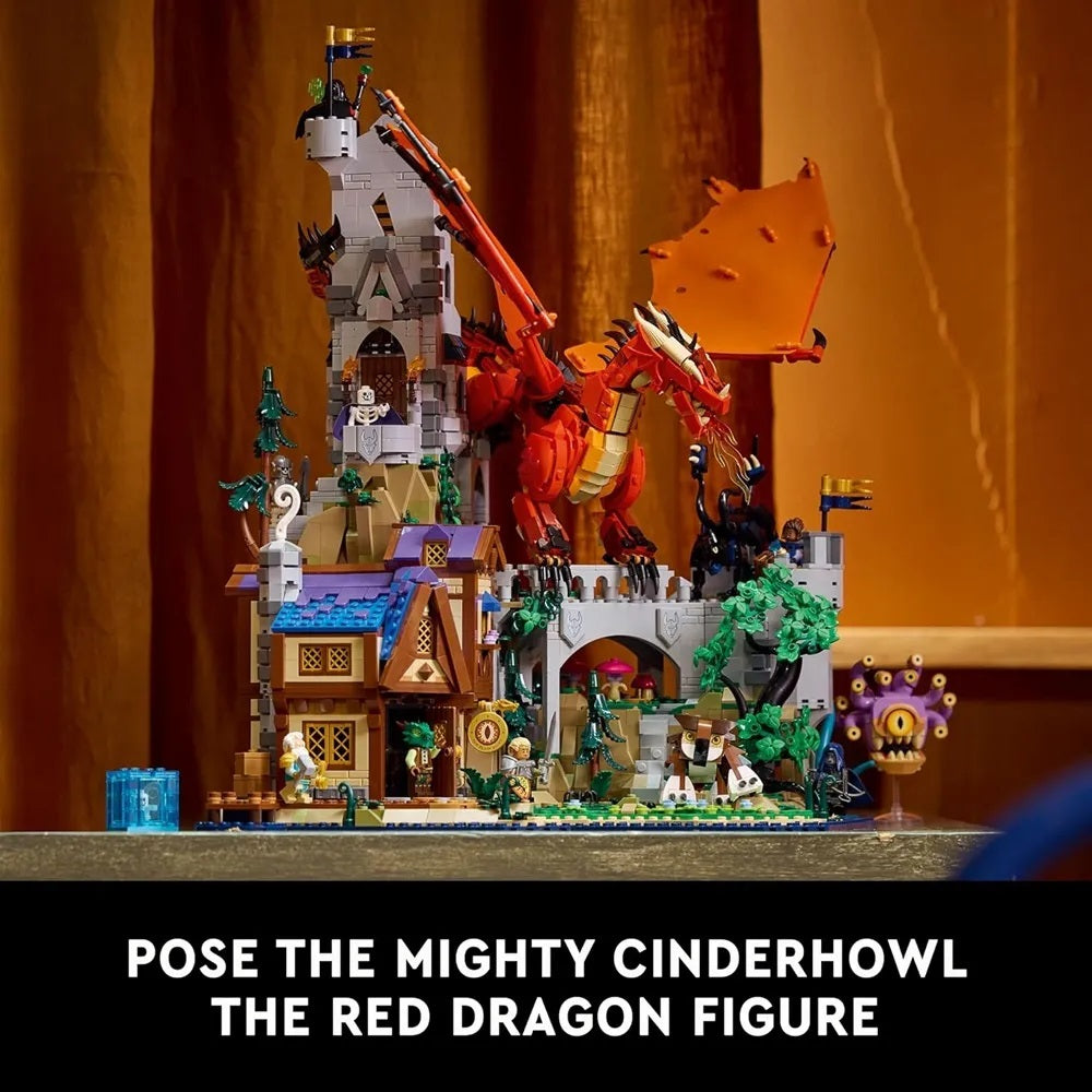 Red LEGO dragon perched atop a detailed gray fantasy castle and medieval village scene