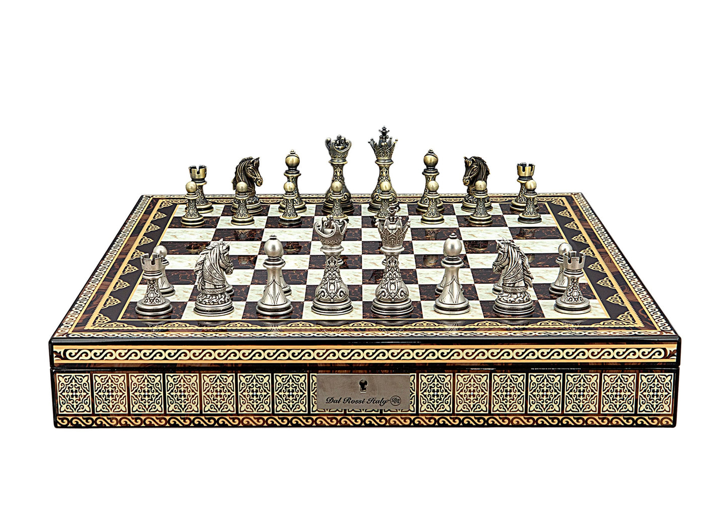 Ornate chess set on a decorative wooden inlay storage box, detailed antique gold and silver metal pieces are set up on the marbled board