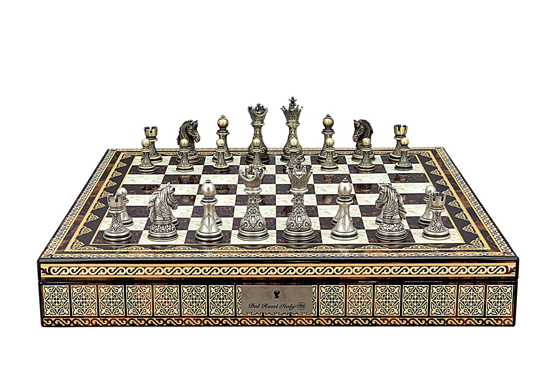 Ornate chess set on a decorative wooden inlay storage box, detailed antique gold and silver metal pieces are set up on the marbled board