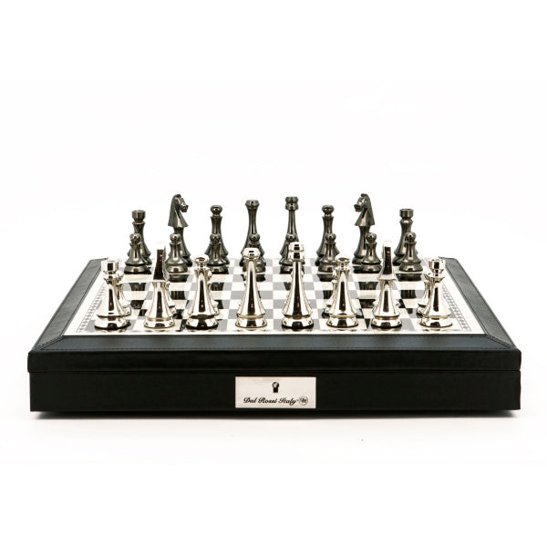 Dal Rossi 18inch Chess Set Black and White with PU Leather Edge with compartments and Black and White 85mm Chess Pieces - Good Games