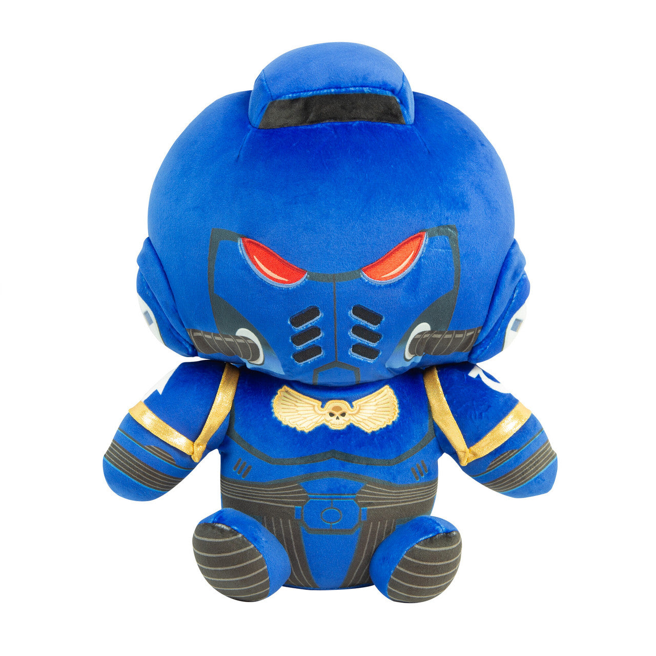 A blue Warhammer 40K Space Marine plush with red eyes and a gold winged skull emblem