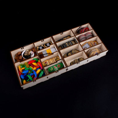 Laserox Inserts for 7 Wonders showing full insert setup with game components