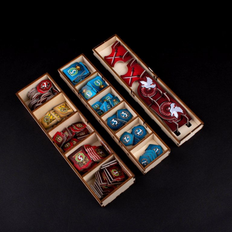 Laserox Inserts for 7 Wonders with all game elements arranged in the insert