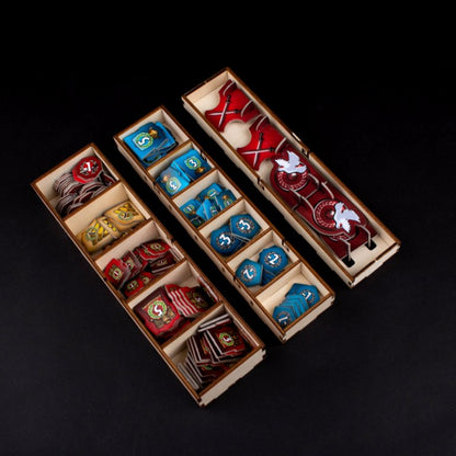 Laserox Inserts for 7 Wonders with all game elements arranged in the insert