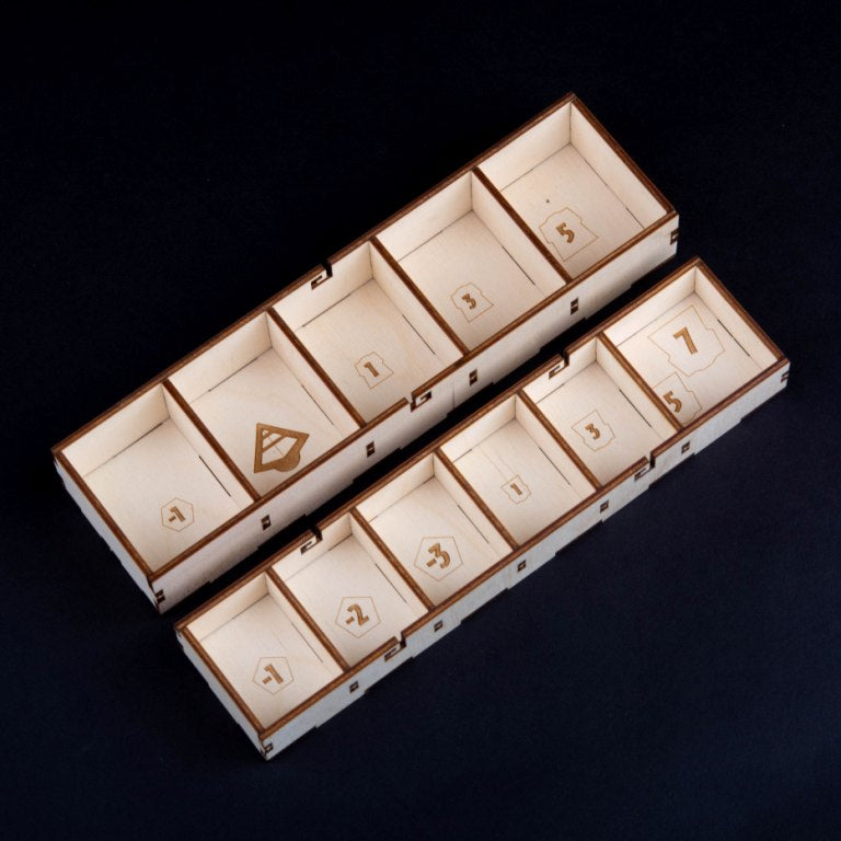 Laserox Inserts for 7 Wonders close-up of cards sorted by type in insert