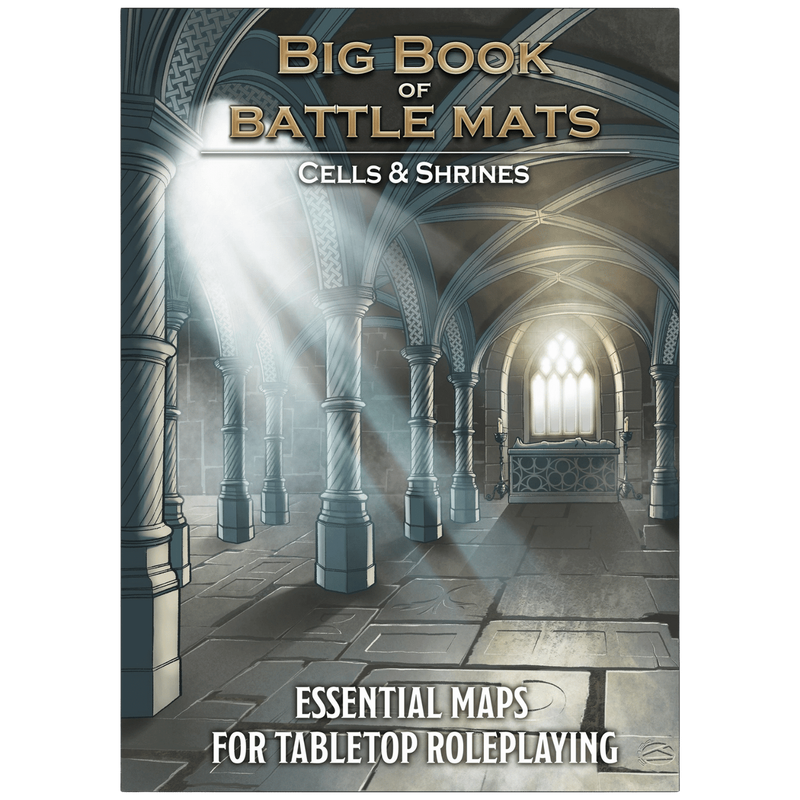 Cover of 'Big Book of Battle Mats: Cells & Shrines' shows a stone crypt with columns, light rays, and a sarcophagus