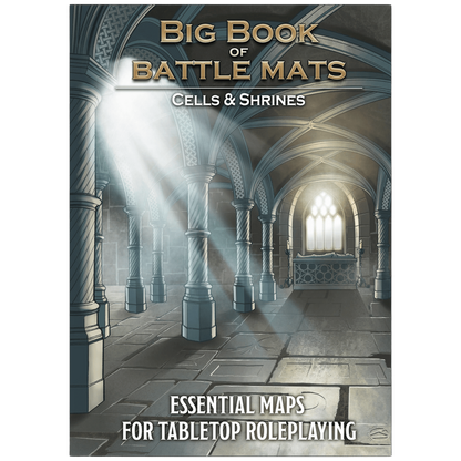 Cover of 'Big Book of Battle Mats: Cells & Shrines' shows a stone crypt with columns, light rays, and a sarcophagus