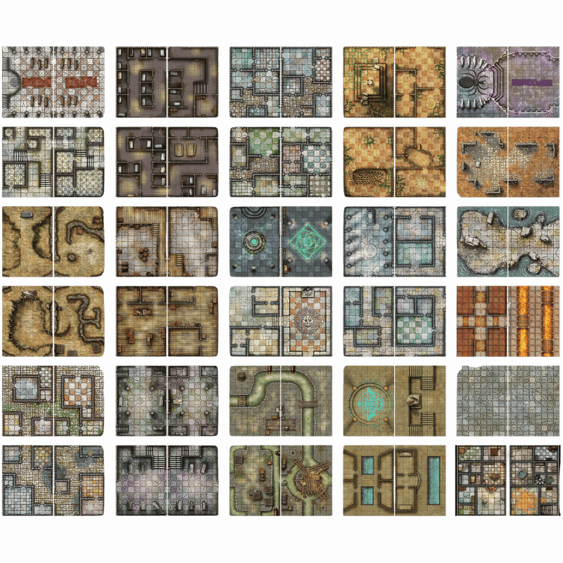 Grid of 30 diverse top-down fantasy RPG battle maps, depicting dungeons, terrains, and structures