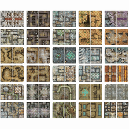 Grid of 30 diverse top-down fantasy RPG battle maps, depicting dungeons, terrains, and structures
