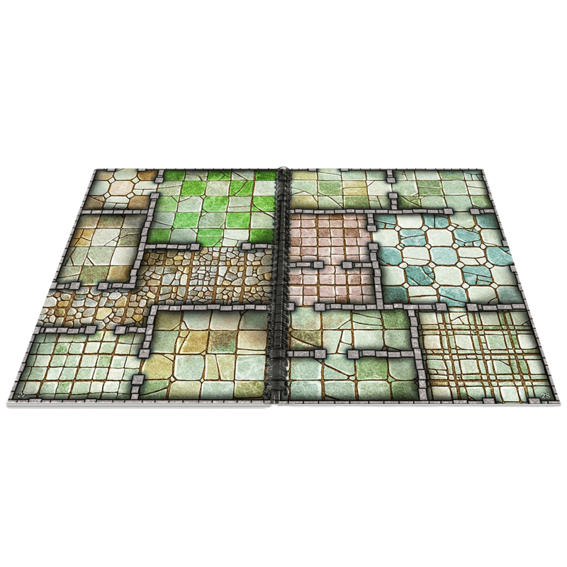An open Big Book of Battle Mats displaying various stone-tiled dungeon maps for tabletop role-playing games