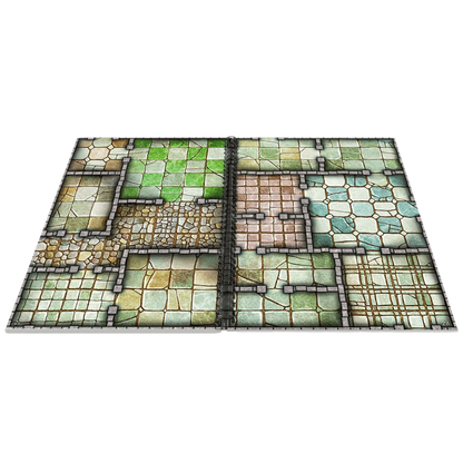 An open Big Book of Battle Mats displaying various stone-tiled dungeon maps for tabletop role-playing games
