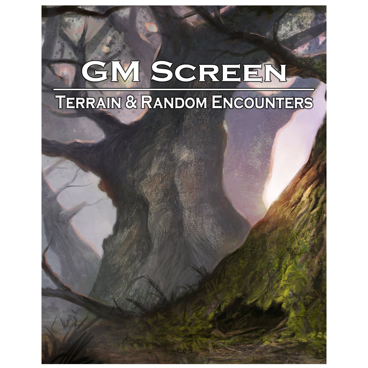 GM Screen cover: Illustrated fantasy forest scene with ancient, mossy trees and sunlight. Title: Terrain &amp; Random Encounters