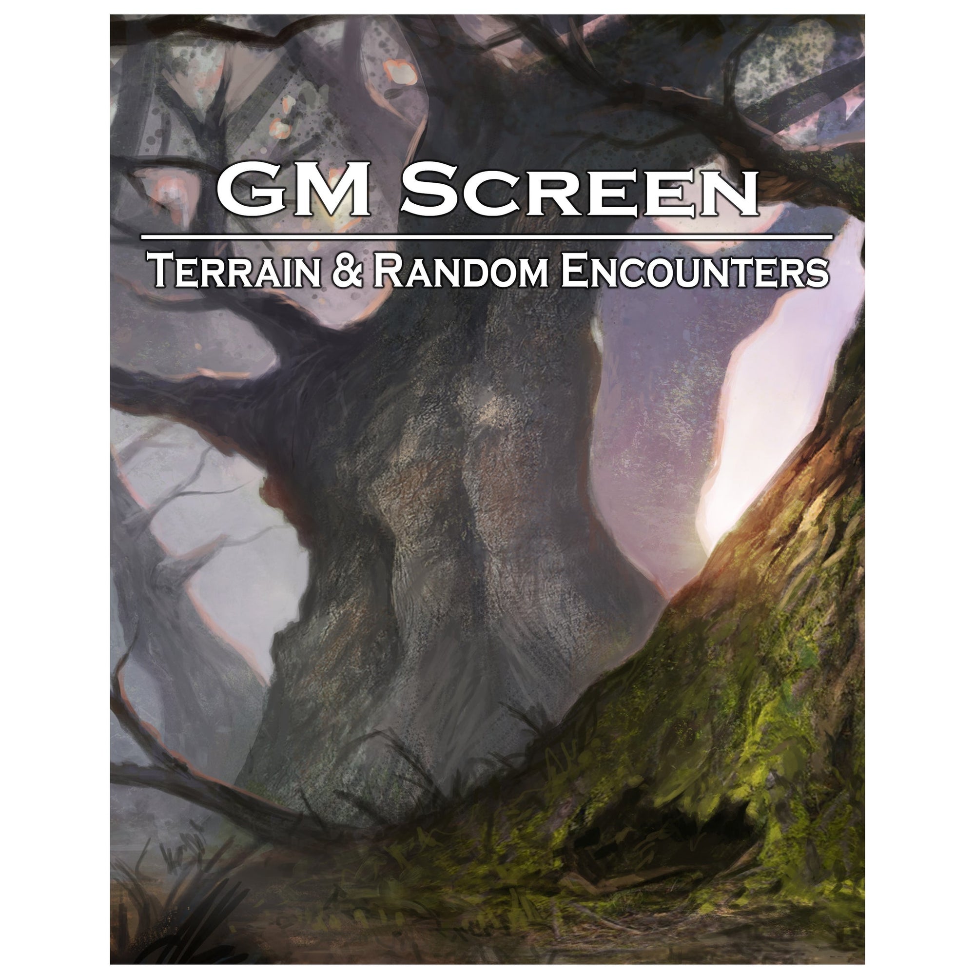GM Screen cover: Illustrated fantasy forest scene with ancient, mossy trees and sunlight. Title: Terrain & Random Encounters