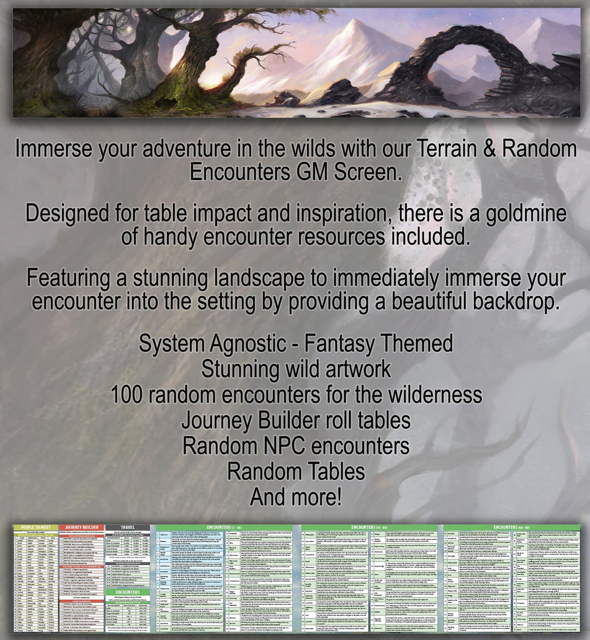 A fantasy RPG GM screen with scenic wilderness art above detailed tables for encounters, travel and NPCs