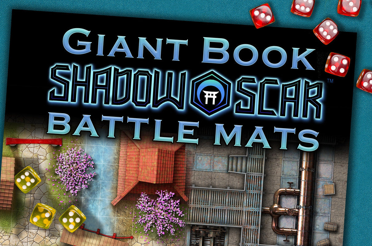 Cover for 'Giant Book Shadowscar Battle Mats' with a fantasy-industrial game map and scattered red and yellow dice