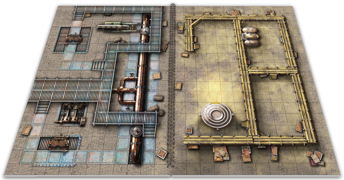 Overhead tabletop game mat: industrial facility with pipes and grates (left), and an open storage yard with wooden fences (right)
