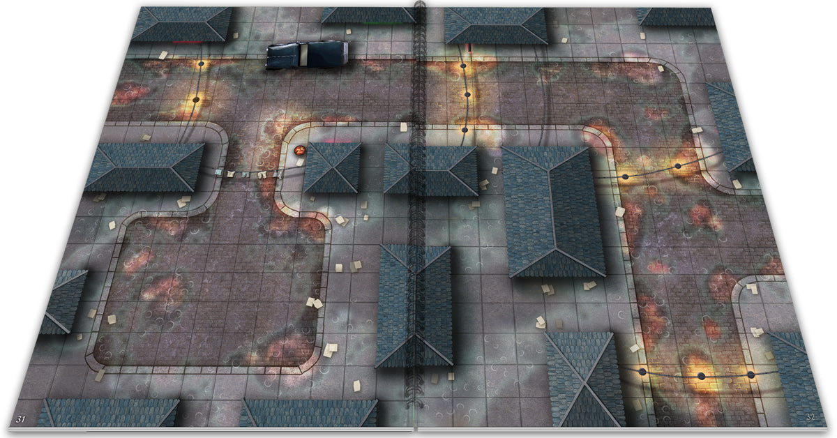 Overhead gridded tabletop game mat showing dark city streets, various buildings, a vehicle, and glowing streetlights