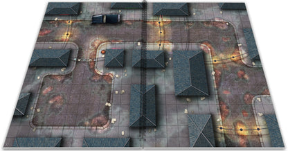 Overhead gridded tabletop game mat showing dark city streets, various buildings, a vehicle, and glowing streetlights
