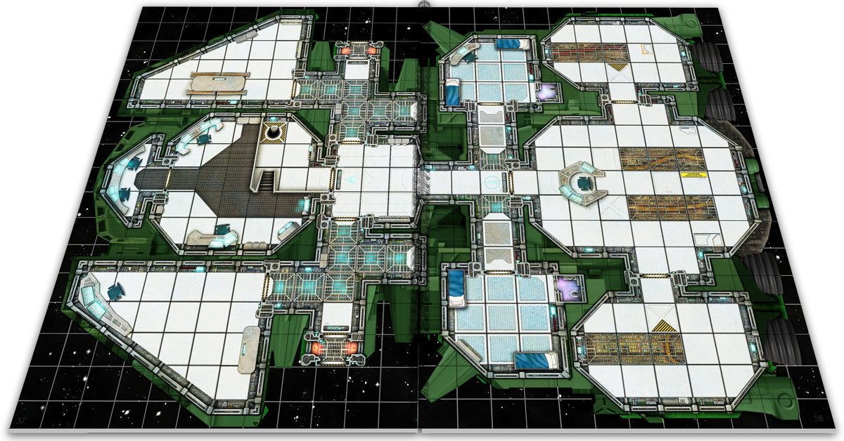 Detailed overhead mat of a green sci-fi starship's interior, showing rooms, corridors, and a grid for gameplay