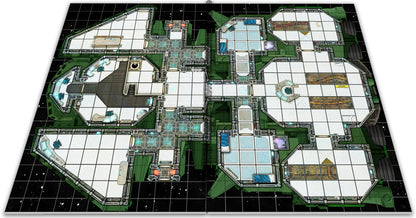 Detailed overhead mat of a green sci-fi starship's interior, showing rooms, corridors, and a grid for gameplay