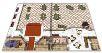 Overhead mat of a detailed casino interior, showing gaming tables, roulette, a piano, and dining areas