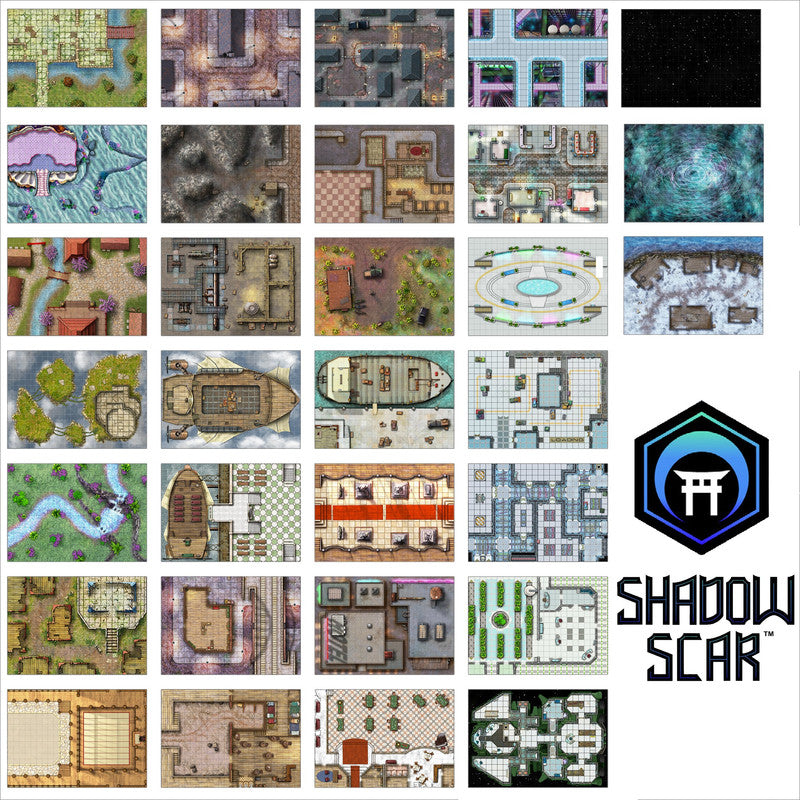 A grid of diverse top-down battle mapt for tabletop games, with a 'Shadow Scar' logo