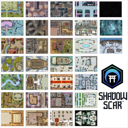 A grid of diverse top-down battle mapt for tabletop games, with a 'Shadow Scar' logo