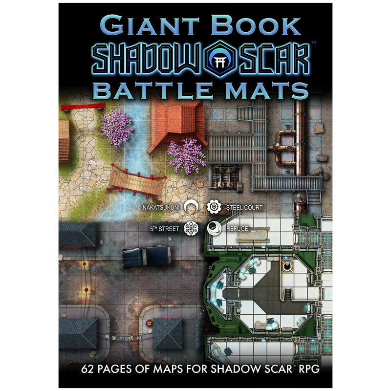 Cover of 'Giant Book Shadowscar Battle Mats' featuring diverse top-down RPG maps, including traditional, industrial, urban, and sci-fi scenes