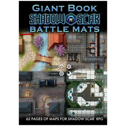 Cover of 'Giant Book Shadowscar Battle Mats' featuring diverse top-down RPG maps, including traditional, industrial, urban, and sci-fi scenes