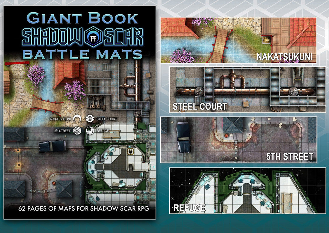 Cover for 'Giant Book Shadow Scar Battle Mats' displays diverse top-down RPG maps including urban, industrial, and fantasy settings
