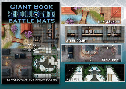 Cover for 'Giant Book Shadow Scar Battle Mats' displays diverse top-down RPG maps including urban, industrial, and fantasy settings
