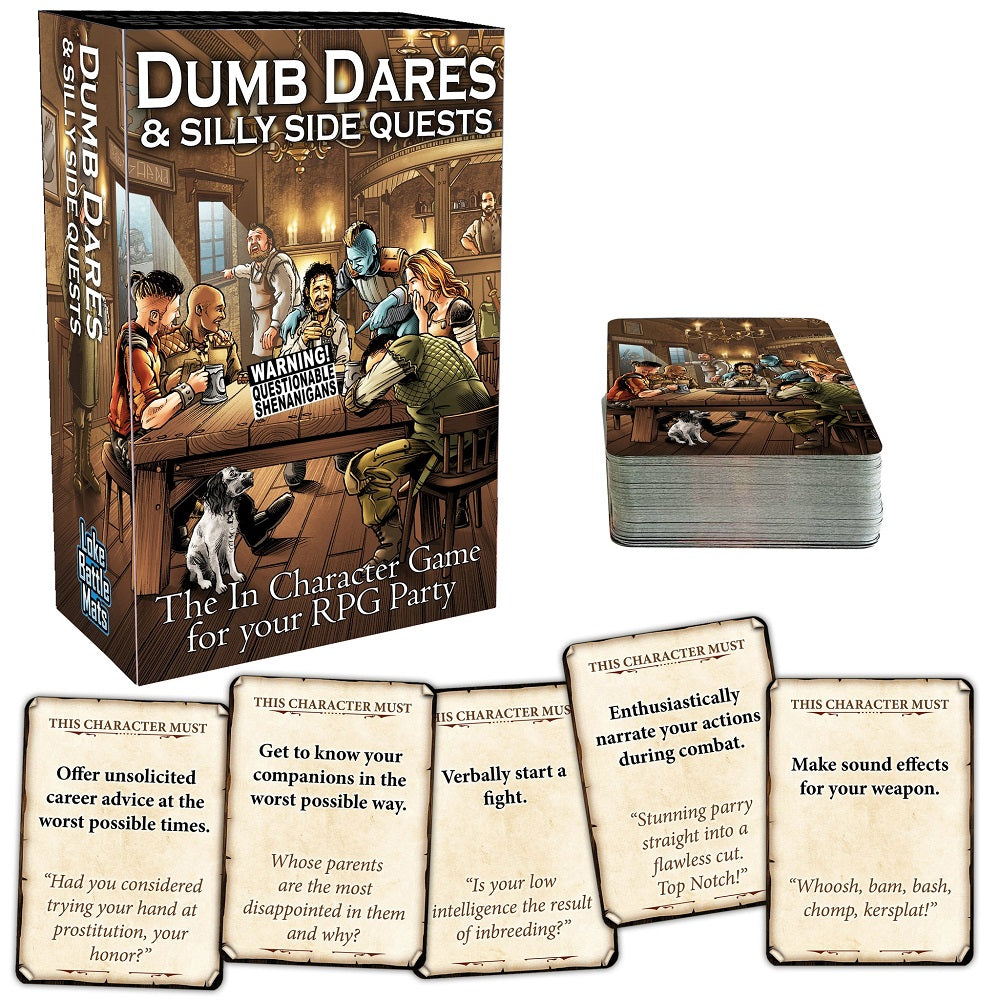 The "Dumb Dares & Silly Side Quests" RPG game box, card stack, and five example dare cards