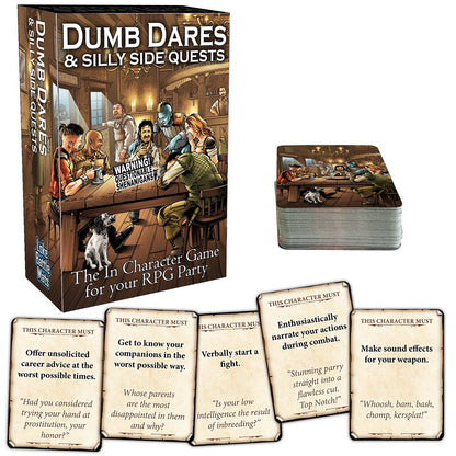 The "Dumb Dares & Silly Side Quests" RPG game box, card stack, and five example dare cards