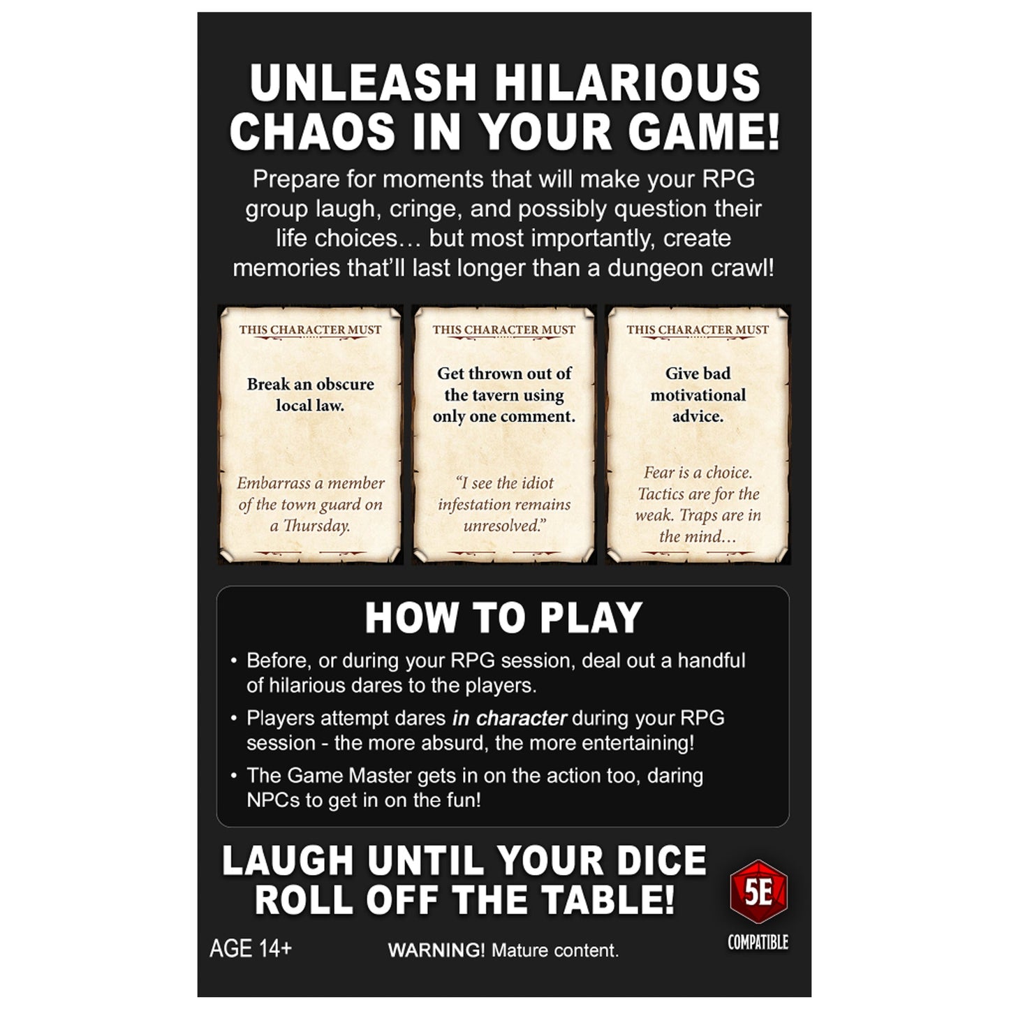 Promotional graphic for a 5E TTRPG dare card game, featuring instructions and three example character challenge cards