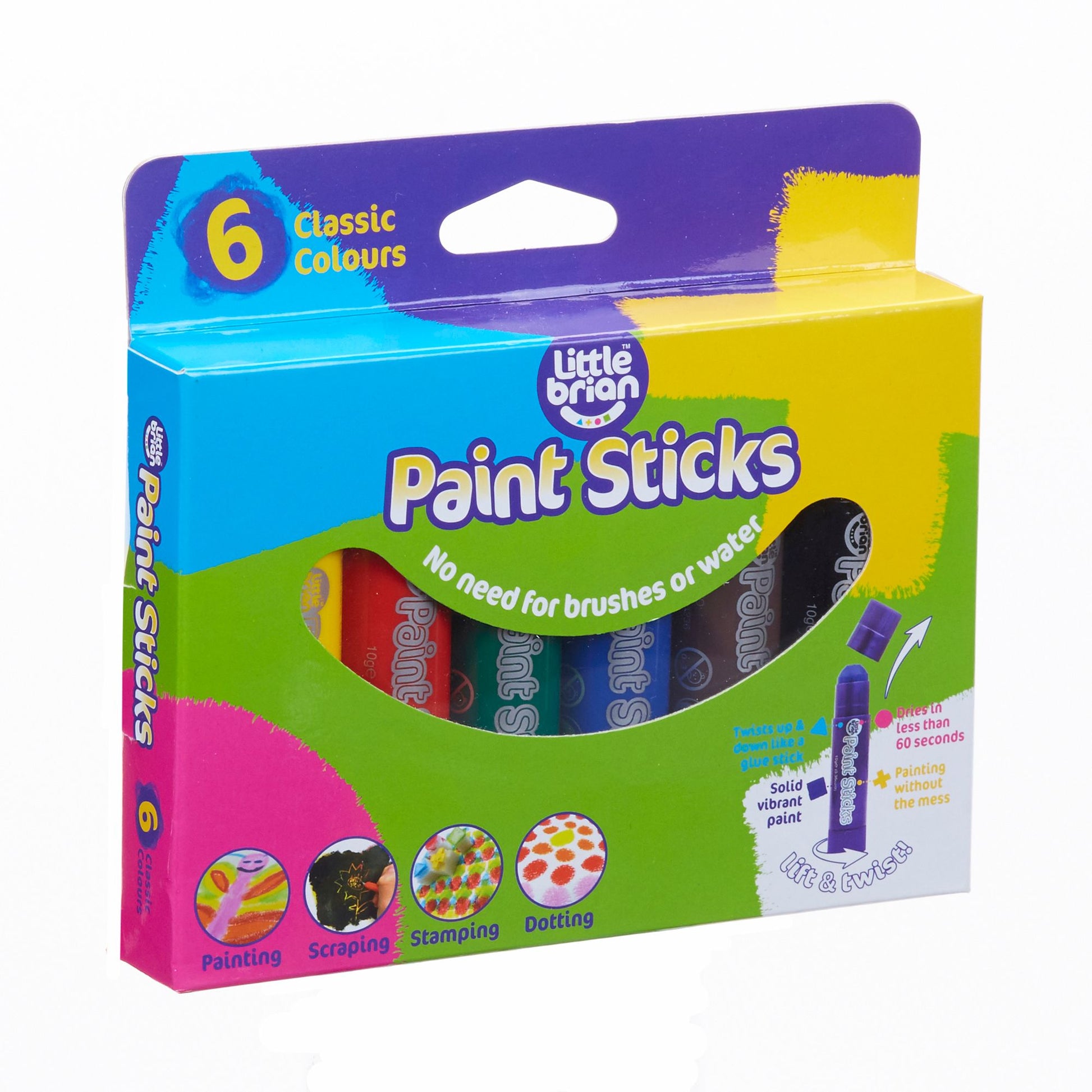 Retail box of Little Brian Paint Sticks, 6 Classic Colours, no brushes needed