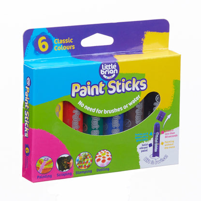 Retail box of Little Brian Paint Sticks, 6 Classic Colours, no brushes needed