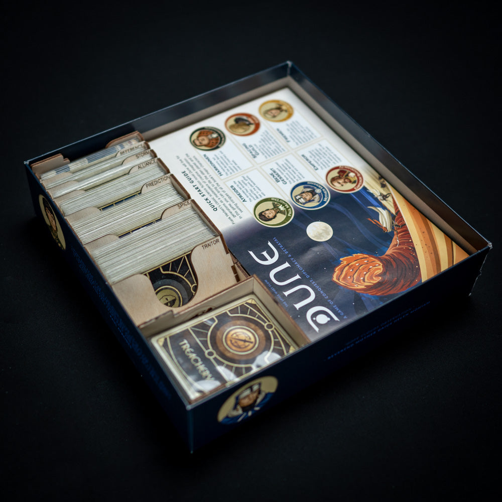 Laserox insert designed for Dune components, including dice